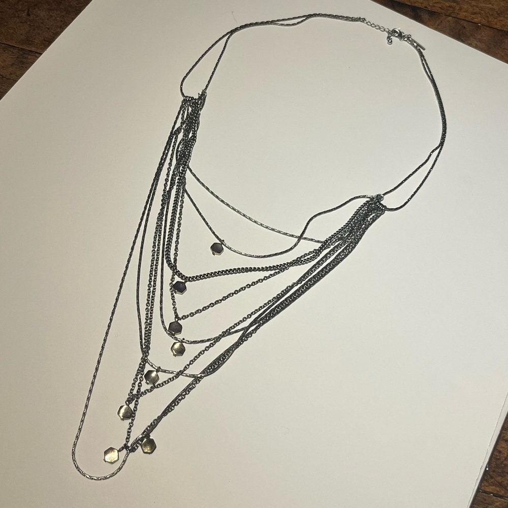 Cache Layered Silver Necklace with Gold Hexagon Charms
